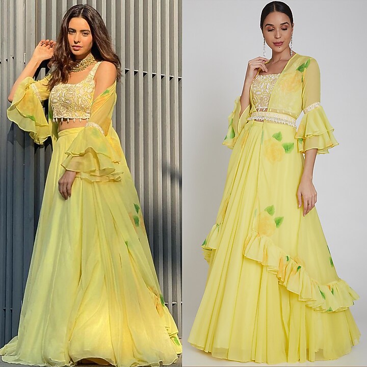 Yellow Printed Flared Cape Wedding Lehenga Set by Neha Chopra Tandon at Pernia's Pop Up Shop