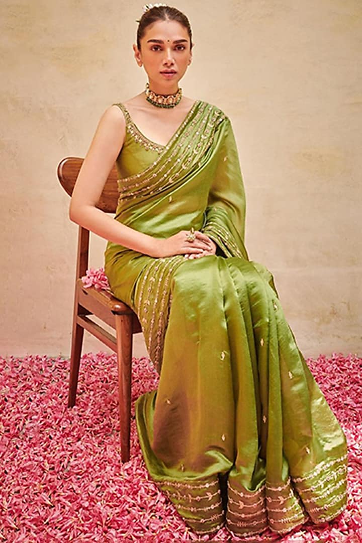 Green Embroidered Saree Set by Punit Balana
