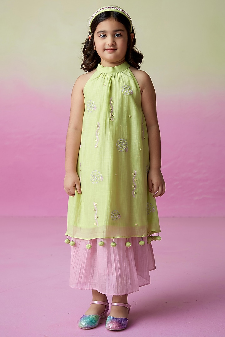 Orchid Pink Chanderi Skirt Set For Girls by The Right Cut Kids at Pernia's Pop Up Shop