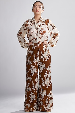 Cream & Brown Floral Pants by Koai