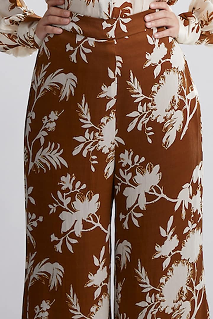 Cream & Brown Floral Pants by Koai at Pernia's Pop Up Shop