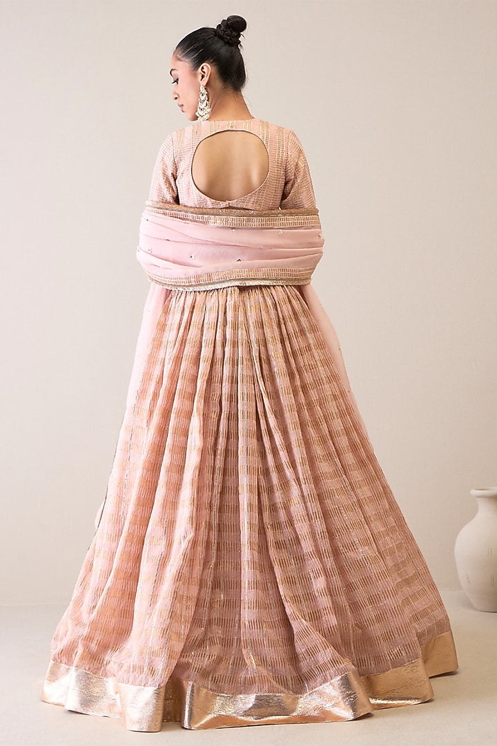 Peach Silk Chanderi & Silk Organza Sequins Hand Embroidered Wedding Lehenga Set by RoohbyRidhimaa at Pernia's Pop Up Shop
