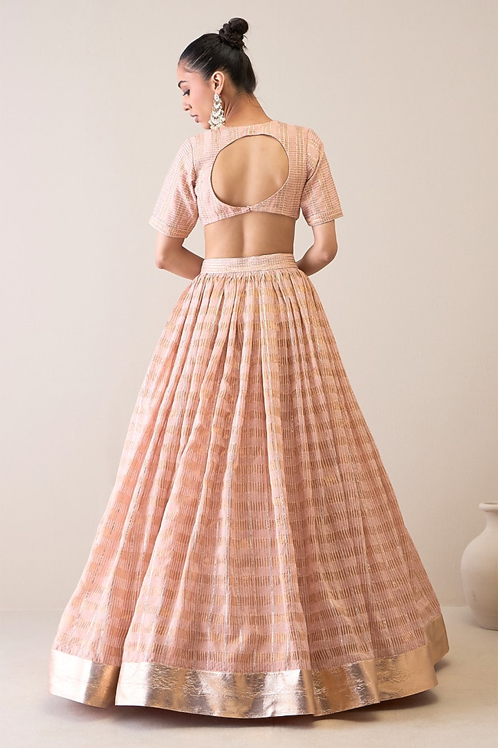 Peach Silk Chanderi & Silk Organza Sequins Hand Embroidered Wedding Lehenga Set by RoohbyRidhimaa at Pernia's Pop Up Shop