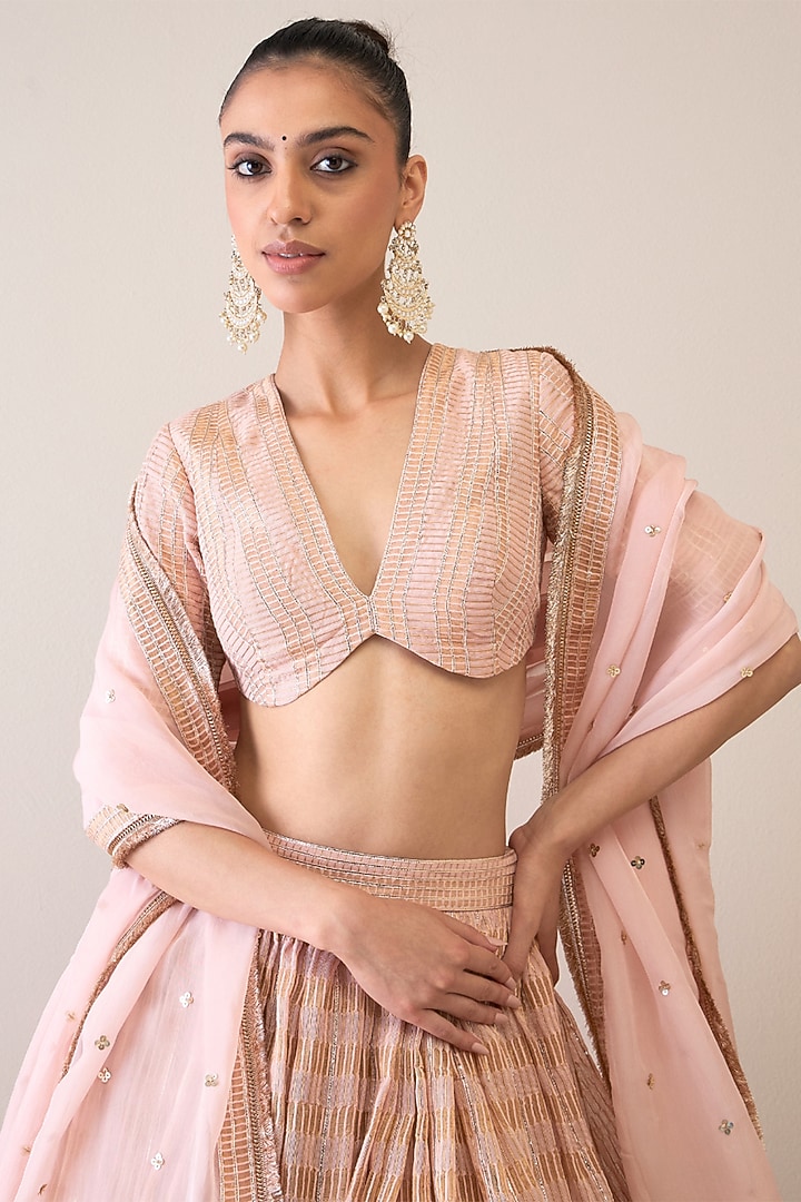 Peach Silk Chanderi & Silk Organza Sequins Hand Embroidered Wedding Lehenga Set by RoohbyRidhimaa at Pernia's Pop Up Shop