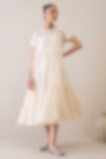 Ivory & Pink Handloom Silk Organza Floral Embroidered Summer Dress by RoohbyRidhimaa at Pernia's Pop Up Shop