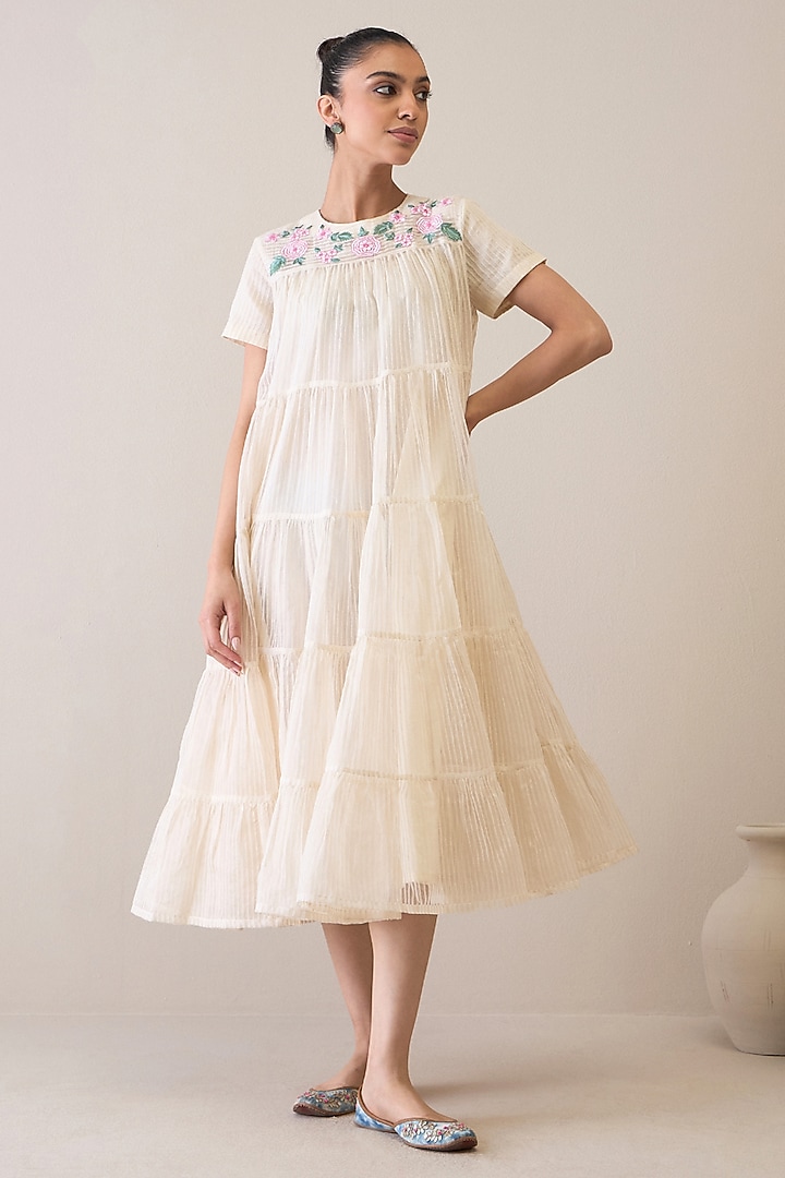 Ivory & Pink Handloom Silk Organza Floral Embroidered Summer Dress by RoohbyRidhimaa at Pernia's Pop Up Shop