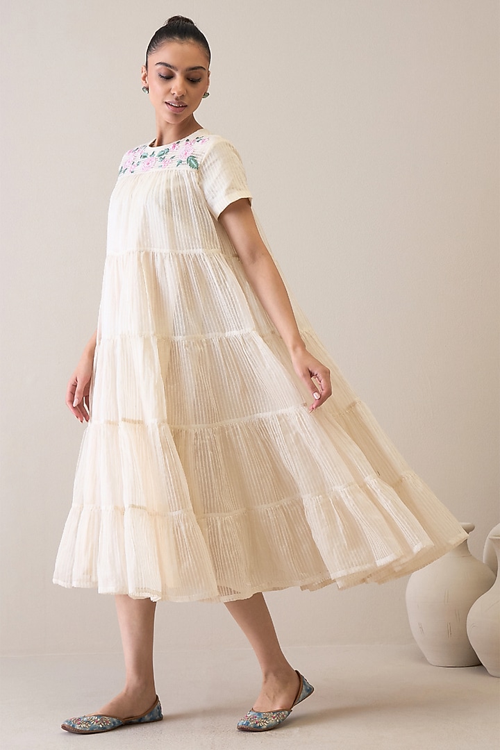 Ivory & Pink Handloom Silk Organza Floral Embroidered Vacation Dress by RoohbyRidhimaa at Pernia's Pop Up Shop