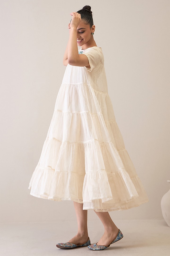 Ivory & Pink Handloom Silk Organza Floral Embroidered Vacation Dress by RoohbyRidhimaa at Pernia's Pop Up Shop