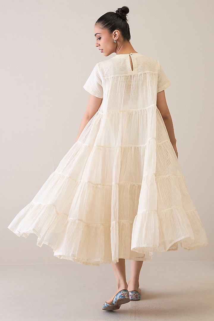 Ivory & Pink Handloom Silk Organza Floral Embroidered Vacation Dress by RoohbyRidhimaa at Pernia's Pop Up Shop
