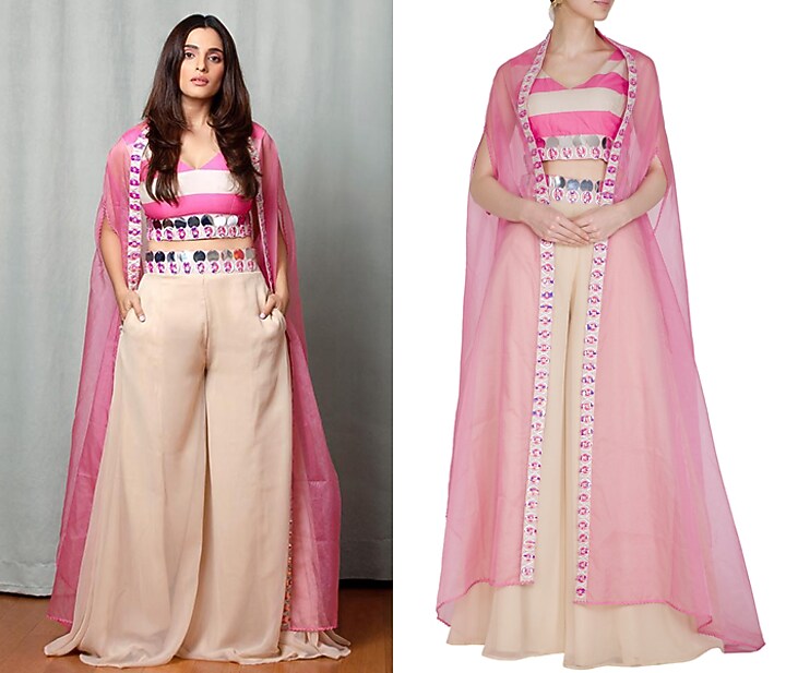 Hot Pink Party Wear Sharara Set With Embellished Cape Jacket by Nitya Bajaj at Pernia's Pop Up Shop