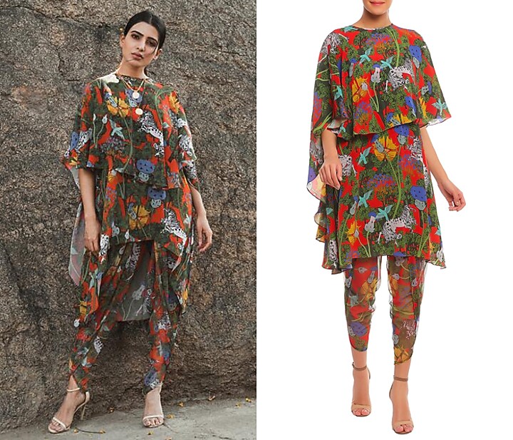 Multi Colored Unicorn Meadow Printed Tunic With Dhoti Pants & Cape by Masaba at Pernia's Pop Up Shop