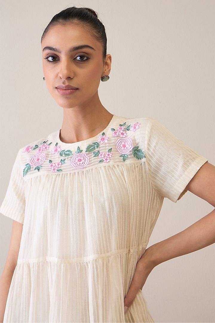 Ivory & Pink Handloom Silk Organza Floral Embroidered Vacation Dress by RoohbyRidhimaa at Pernia's Pop Up Shop