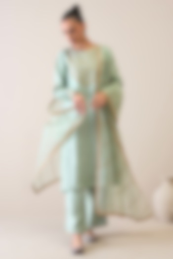Aquamarine Viscose Raw Silk & Silk Organza Gota Embroidered Kurta Set by RoohbyRidhimaa at Pernia's Pop Up Shop