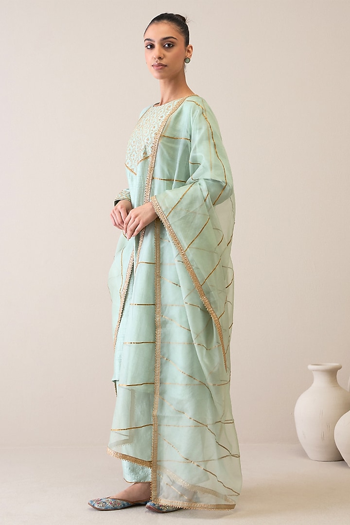 Aquamarine Viscose Raw Silk & Silk Organza Gota Embroidered Kurta Set by RoohbyRidhimaa at Pernia's Pop Up Shop