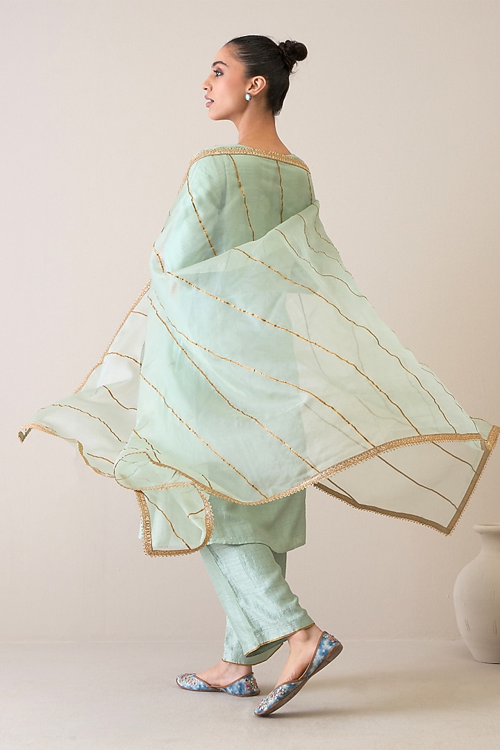 Aquamarine Viscose Raw Silk & Silk Organza Gota Embroidered Kurta Set by RoohbyRidhimaa at Pernia's Pop Up Shop