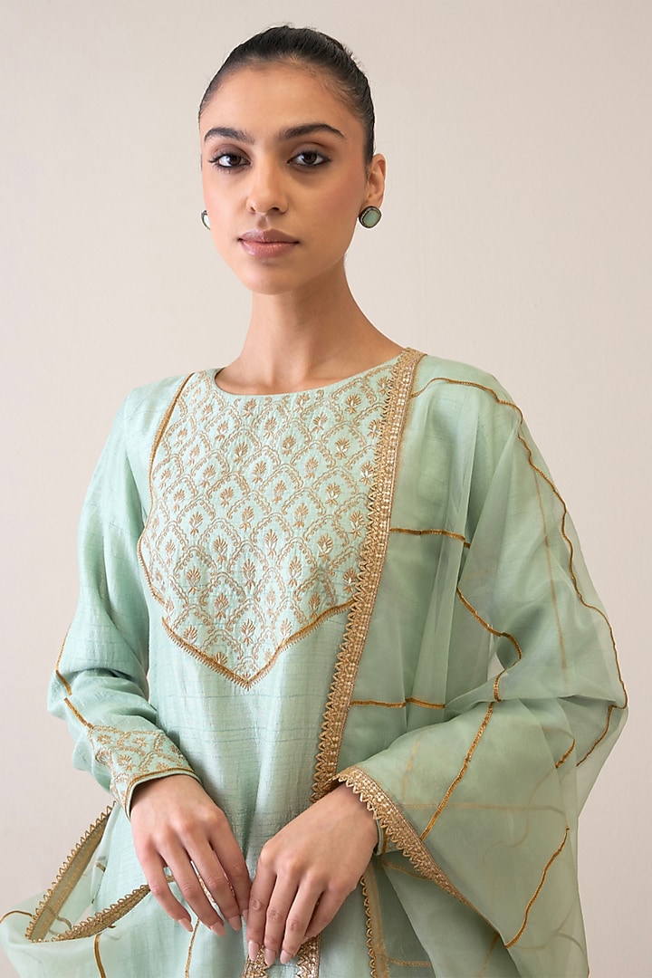 Aquamarine Viscose Raw Silk & Silk Organza Gota Embroidered Kurta Set by RoohbyRidhimaa at Pernia's Pop Up Shop