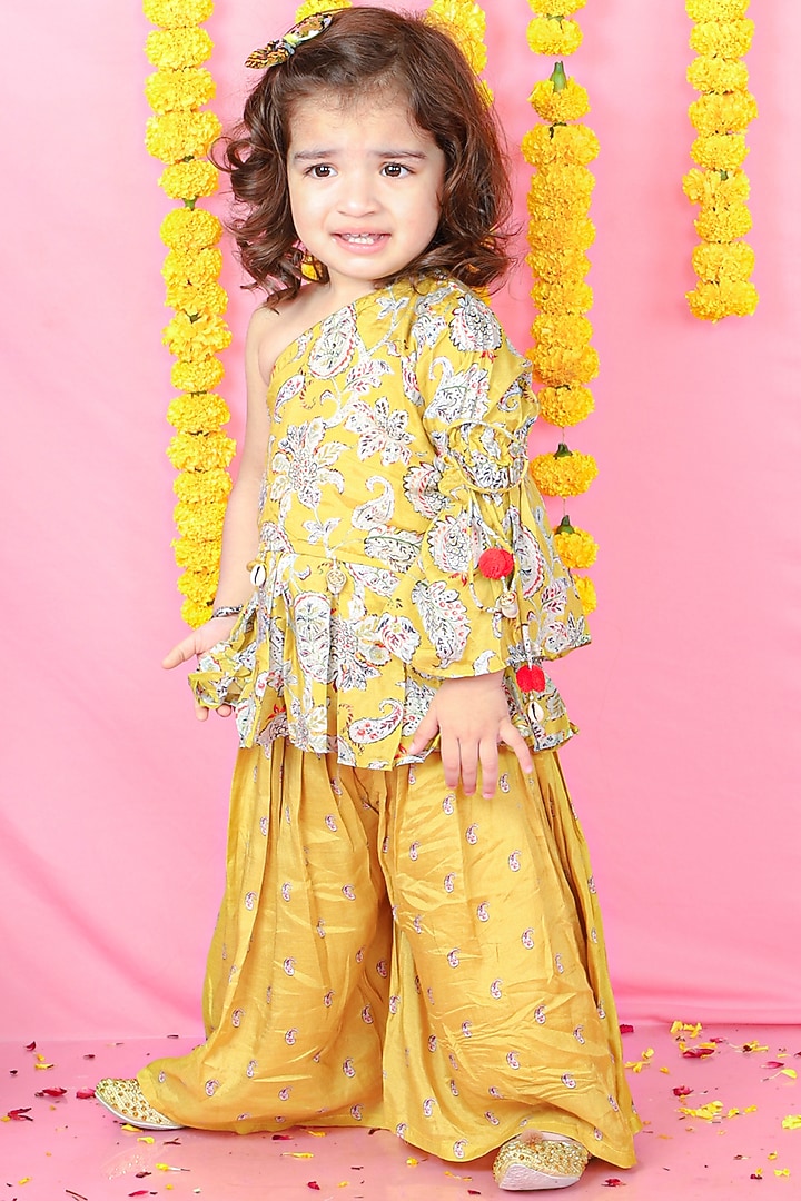 Mustard Dola Silk Palazzo Pant Set For Girls by Kirti Agarwal Pret n Couture at Pernia's Pop Up Shop