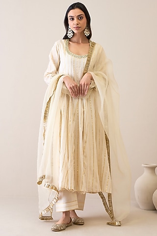 Ivory Cotton & Silk Organza Mirror Embroidered Kalidar Kurta Set by RoohbyRidhimaa