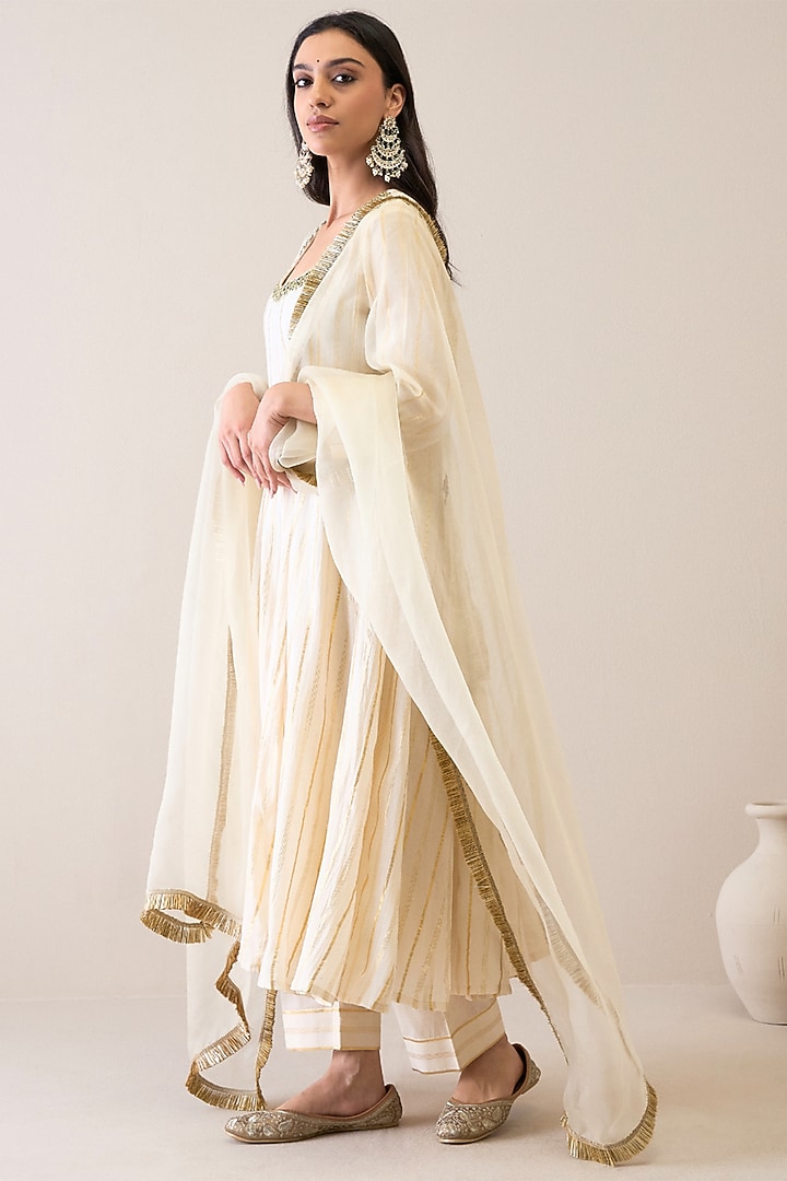 Ivory Cotton & Silk Organza Mirror Embroidered Kalidar Kurta Set by RoohbyRidhimaa at Pernia's Pop Up Shop