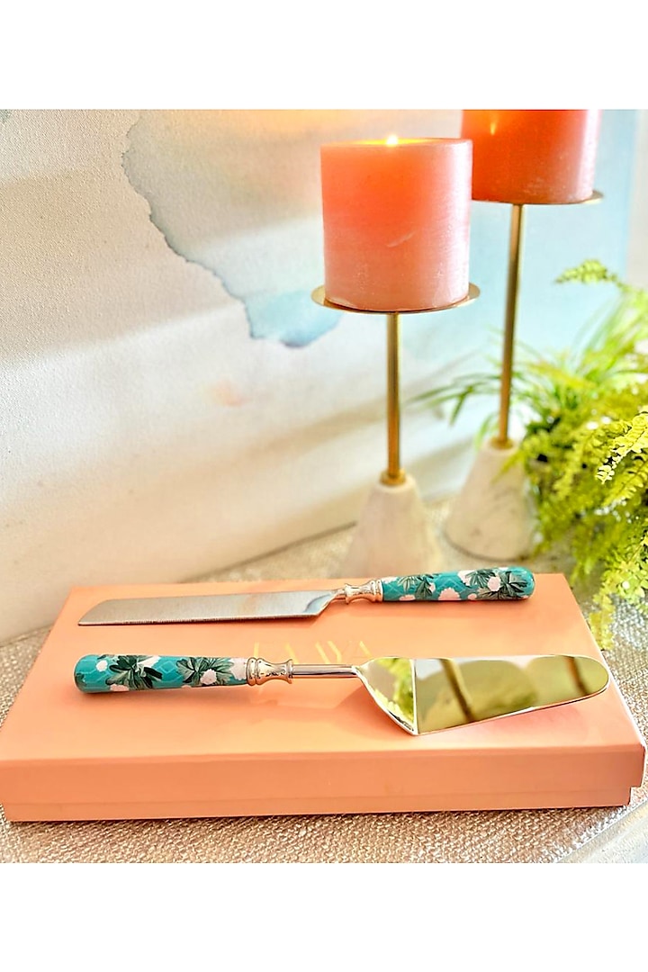 Turquoise Stainless Steel Chilean Deco Cake Server & Knife (Set Of 2) by Faaya Gifting
