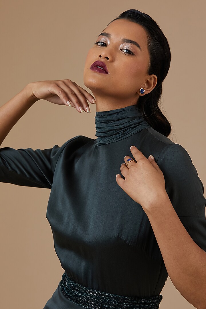 Emerald Green Handworked Korean Raw Silk Dress