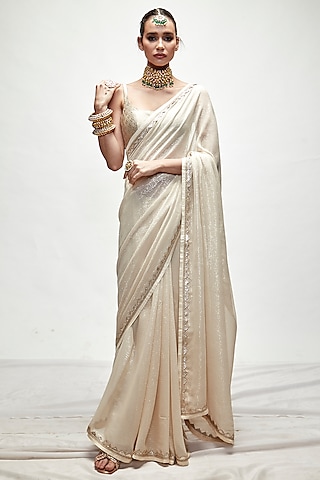 Porcelain Cream Silk Georgette Metallic Saree Set by Ranian