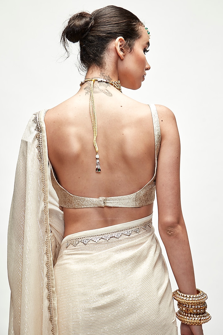 Porcelain Cream Silk Georgette Metallic Wedding Saree Set by Ranian at Pernia's Pop Up Shop