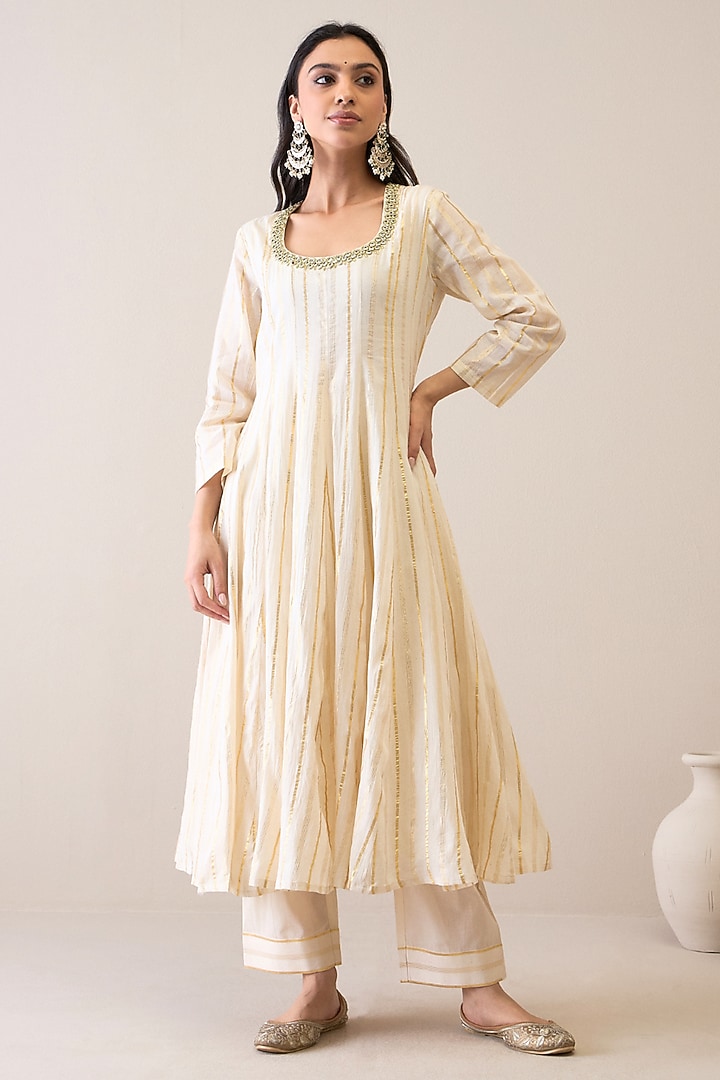 Ivory Cotton & Silk Organza Mirror Embroidered Kalidar Kurta Set by RoohbyRidhimaa at Pernia's Pop Up Shop