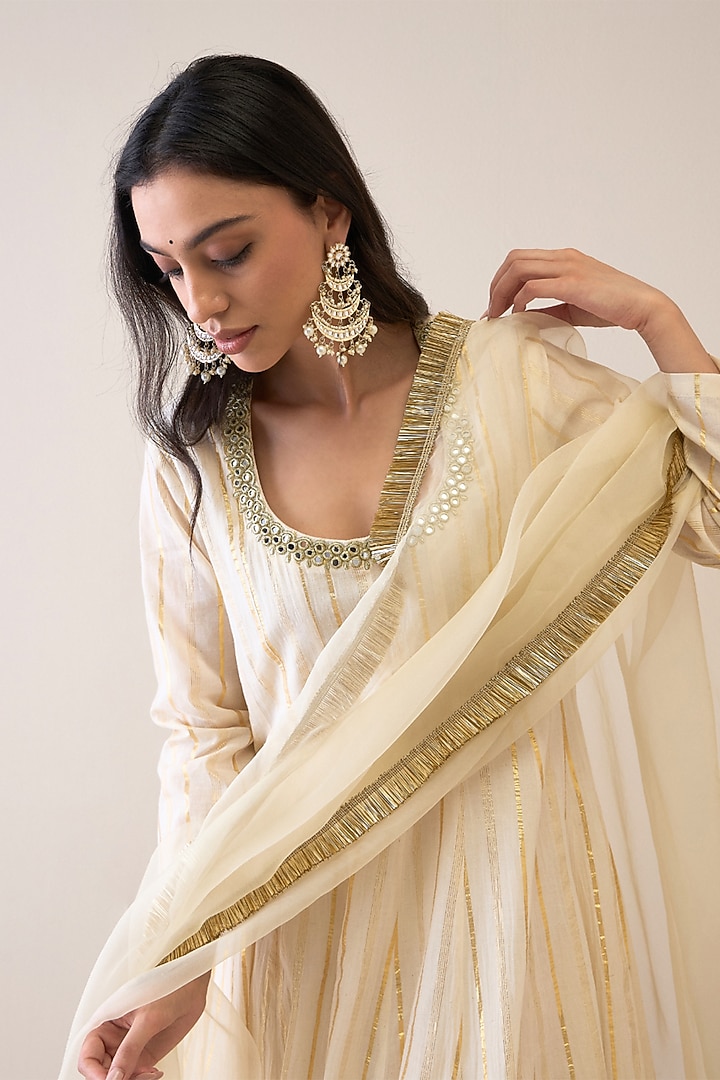 Ivory Cotton & Silk Organza Mirror Embroidered Kalidar Kurta Set by RoohbyRidhimaa at Pernia's Pop Up Shop