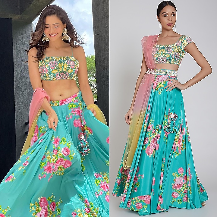 Cobalt Blue Printed Wedding Lehenga Set With Belt by Neha Chopra Tandon at Pernia's Pop Up Shop
