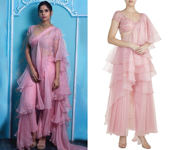 Galaxy Pink Embellished Pleated Pant Wedding Saree Set by Kashmiraa at Pernia's Pop Up Shop