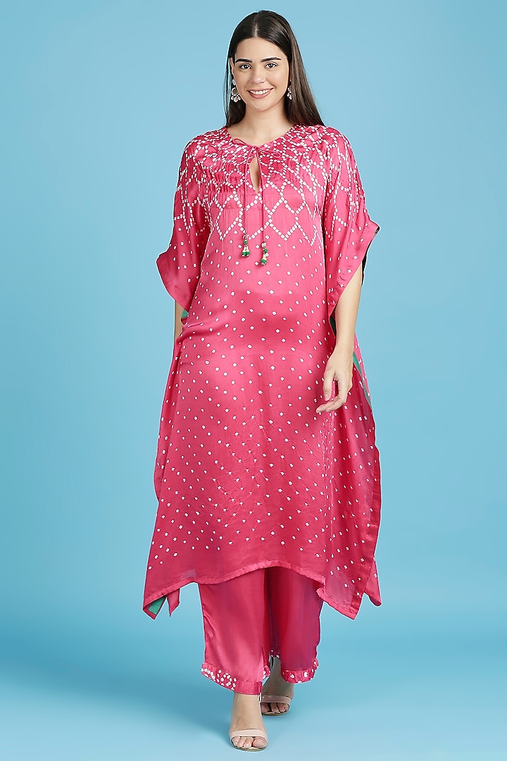 Pink Silk Bandhani Kaftan Set by ILAPTI