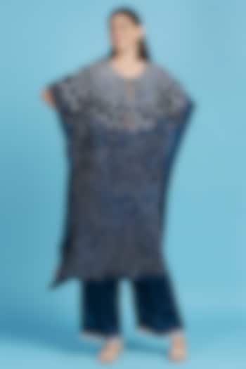 Teal Blue Silk Bandhani Kaftan Set by ILAPTI at Pernia's Pop Up Shop