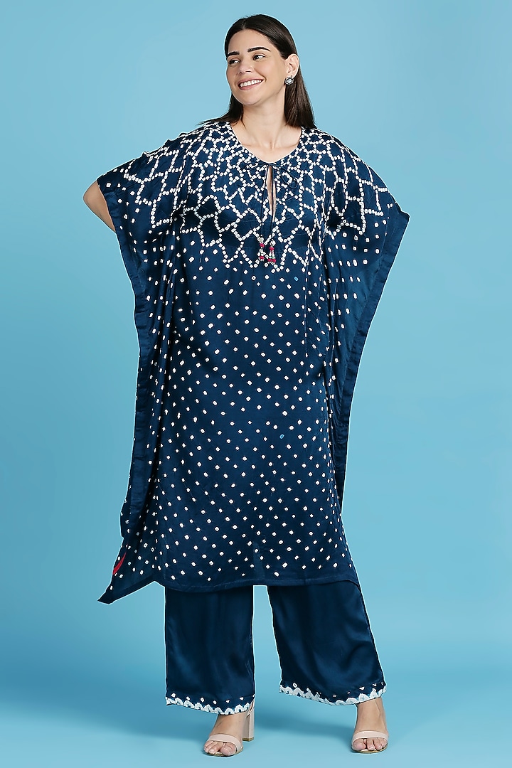 Teal Blue Silk Bandhani Kaftan Set by ILAPTI at Pernia's Pop Up Shop