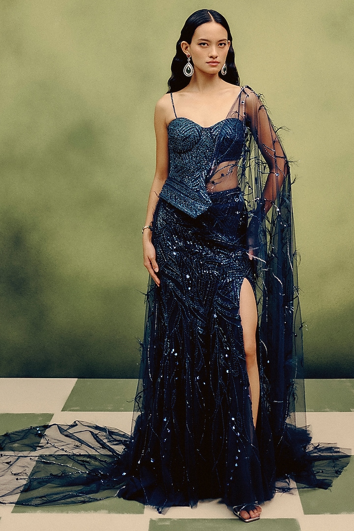 Navy Butterfly Net Skirt Bridal Saree Set by Dolly J at Pernia's Pop Up Shop
