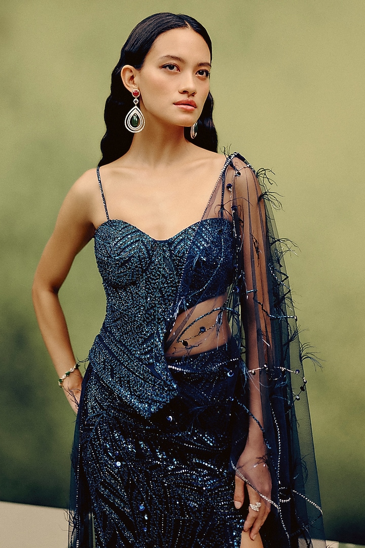 Navy Butterfly Net Skirt Bridal Saree Set by Dolly J at Pernia's Pop Up Shop