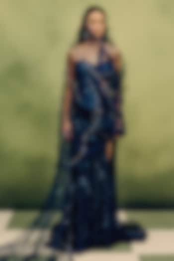 Navy Butterfly Net Skirt Bridal Saree Set by Dolly J at Pernia's Pop Up Shop