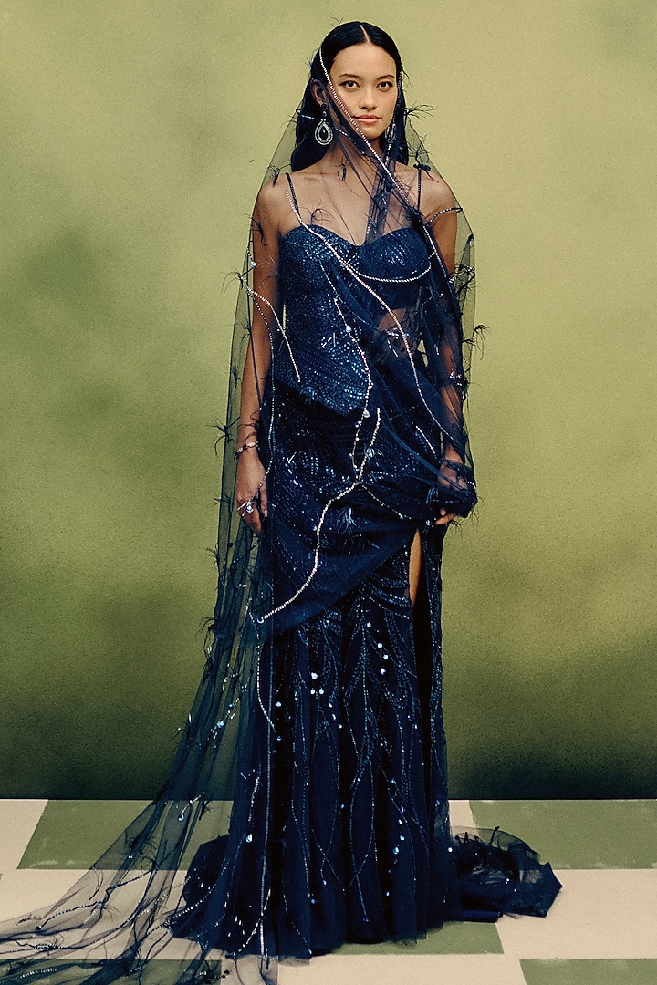 Navy Butterfly Net Skirt Bridal Saree Set by Dolly J at Pernia's Pop Up Shop