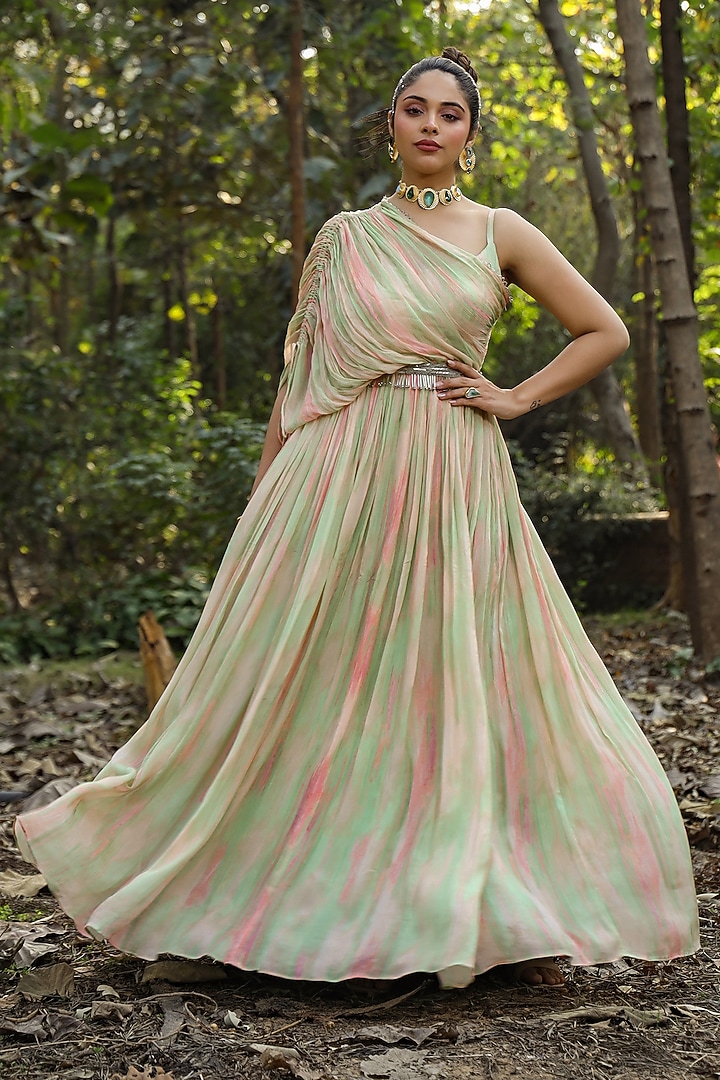 Pista Green Chinon Silk Tie-Dyed Party Wear Gown by Scakhi Luxe at Pernia's Pop Up Shop