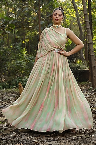 Pista Green Chinon Silk Tie-Dyed Gown by Scakhi Luxe