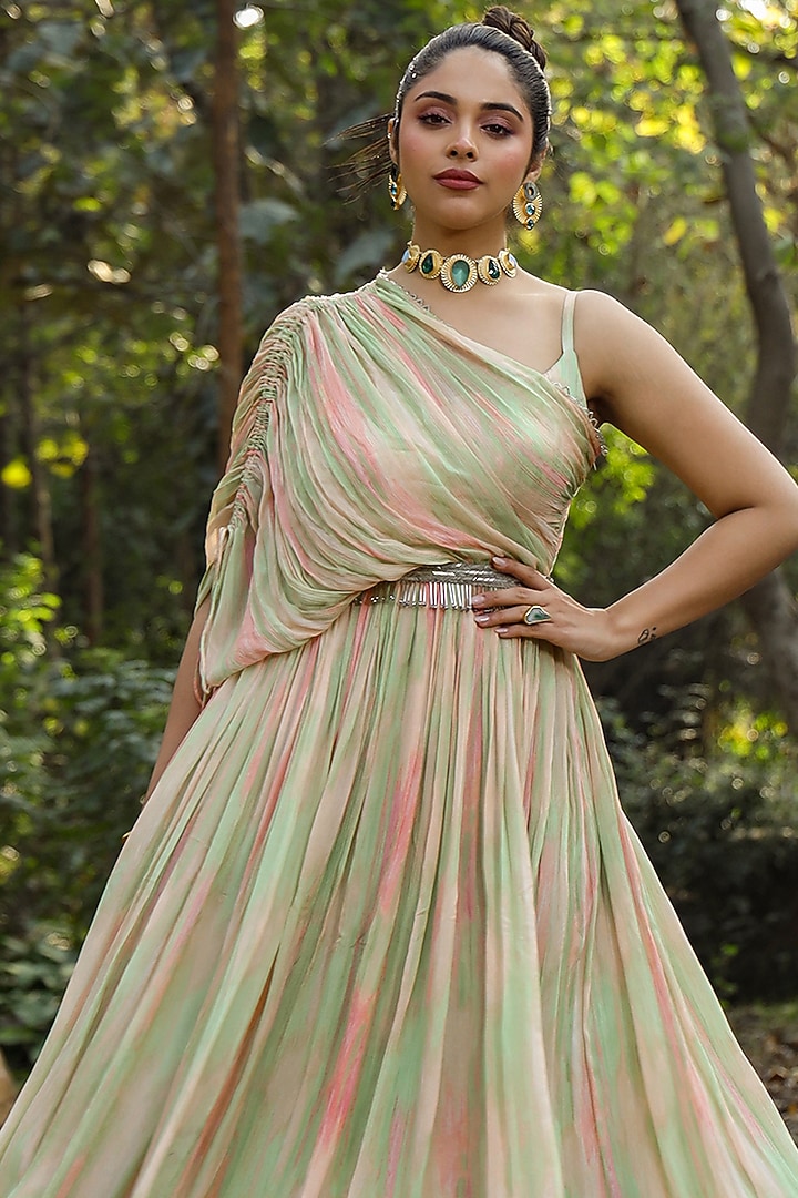 Pista Green Chinon Silk Tie-Dyed Party Wear Gown by Scakhi Luxe at Pernia's Pop Up Shop