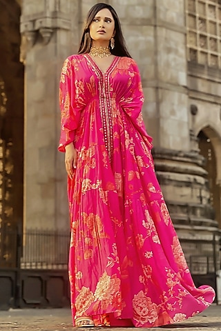 Pink Cotton Silk Printed & Embroidered Kaftan Set by Paulmi & Harsh