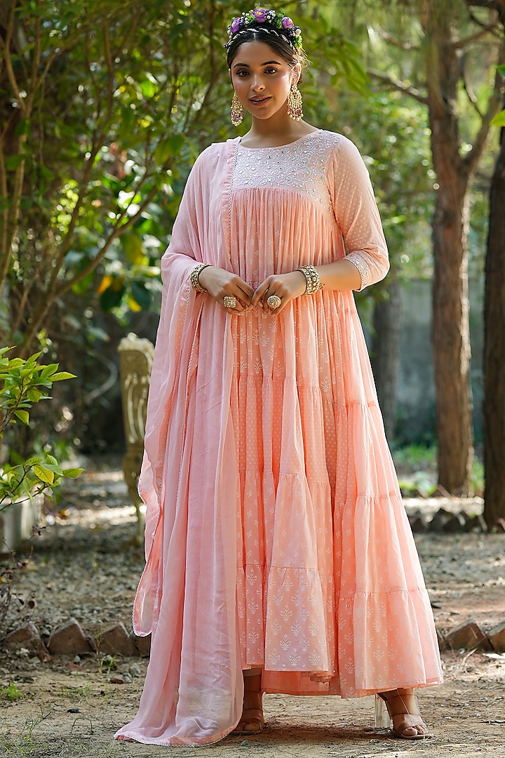 Peach Mul Cotton Printed & Embroidered Tiered Anarkali Set by Scakhi at Pernia's Pop Up Shop