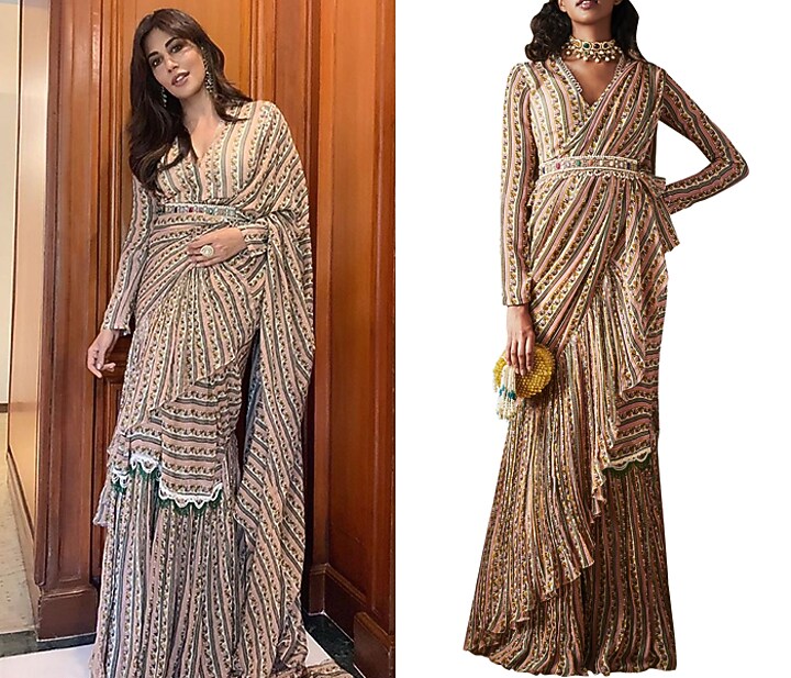 Beige Wedding Saree Set With Embellished Belt by Ridhi Mehra at Pernia's Pop Up Shop