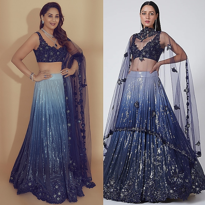 Blue Ombre Embroidered Lehenga Set by Sawan Gandhi