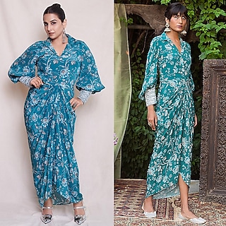Teal Blue Printed Draped Dress by Chhavvi Aggarwal