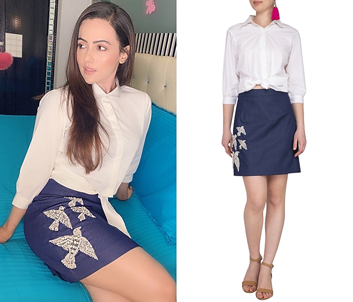 Blue Embellished Denim Skirt With Knotted Crop Top by Samatvam By Anjali Bhaskar at Pernia's Pop Up Shop