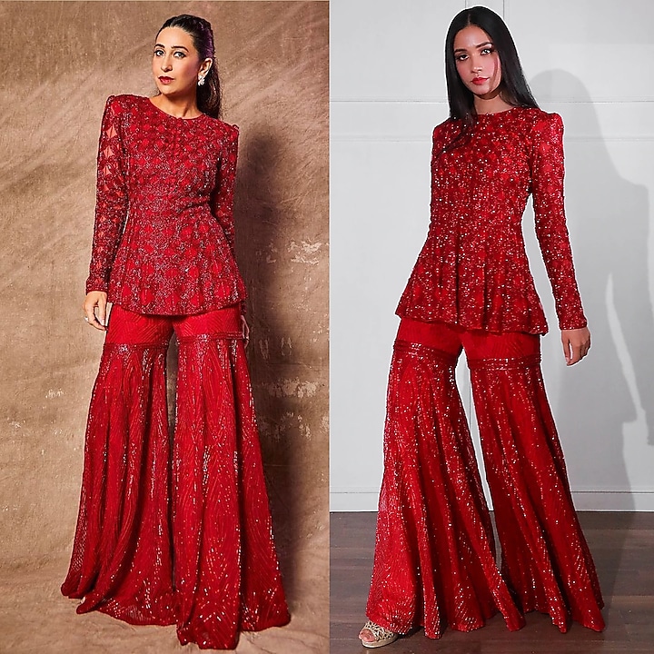 Red Crepe Silk & Net Hand Embroidered Sharara Set by Ritika Mirchandani
