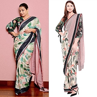 Black & Off White Printed Saree Set by Soup by Sougat Paul
