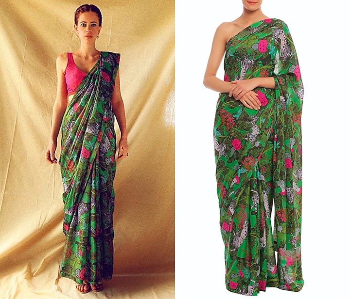 Green Basil, Unicorn & Meadow Printed Banarasi Festive Saree Set by Masaba at Pernia's Pop Up Shop